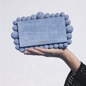Cult Gaia Maya Blue Eos Clutch Structured Embossed Croc Suede Leather Box Bag